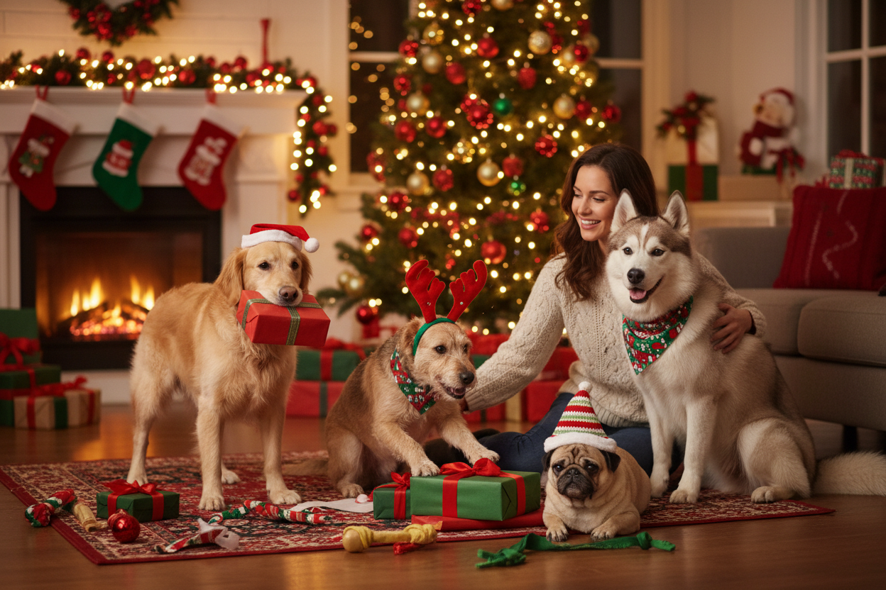 dogs with their owner in Christmas holiday joyful moments